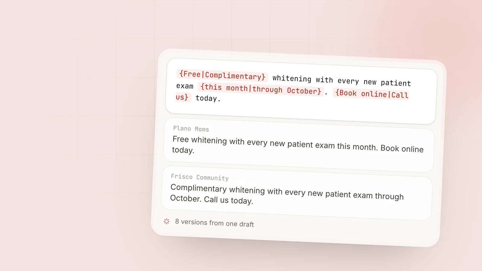 Facebook Group Post Ideas: 34 Templates That Get Replies: A spintax template in MaherPost and the different version of the post each Facebook group receives