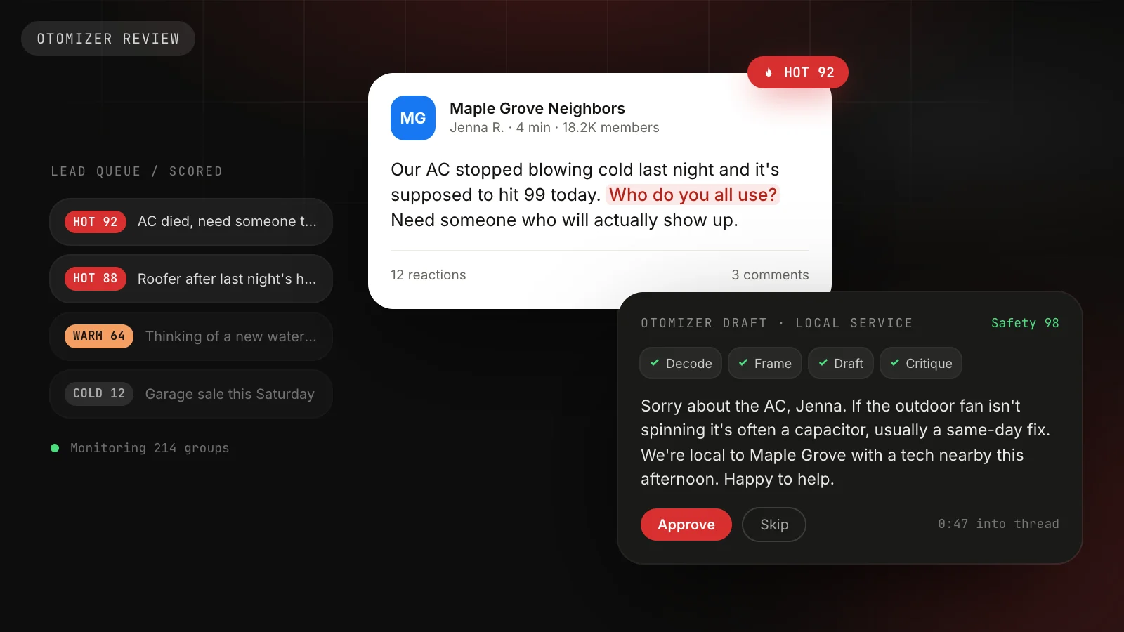 Otomizer Review 2026: The AI Lead Finder for Facebook Groups: Otomizer scoring a Facebook group post where a homeowner asks for an HVAC company as Hot 92, with a reply draft that passed the Decode, Frame, Draft and Critique stages waiting for approval